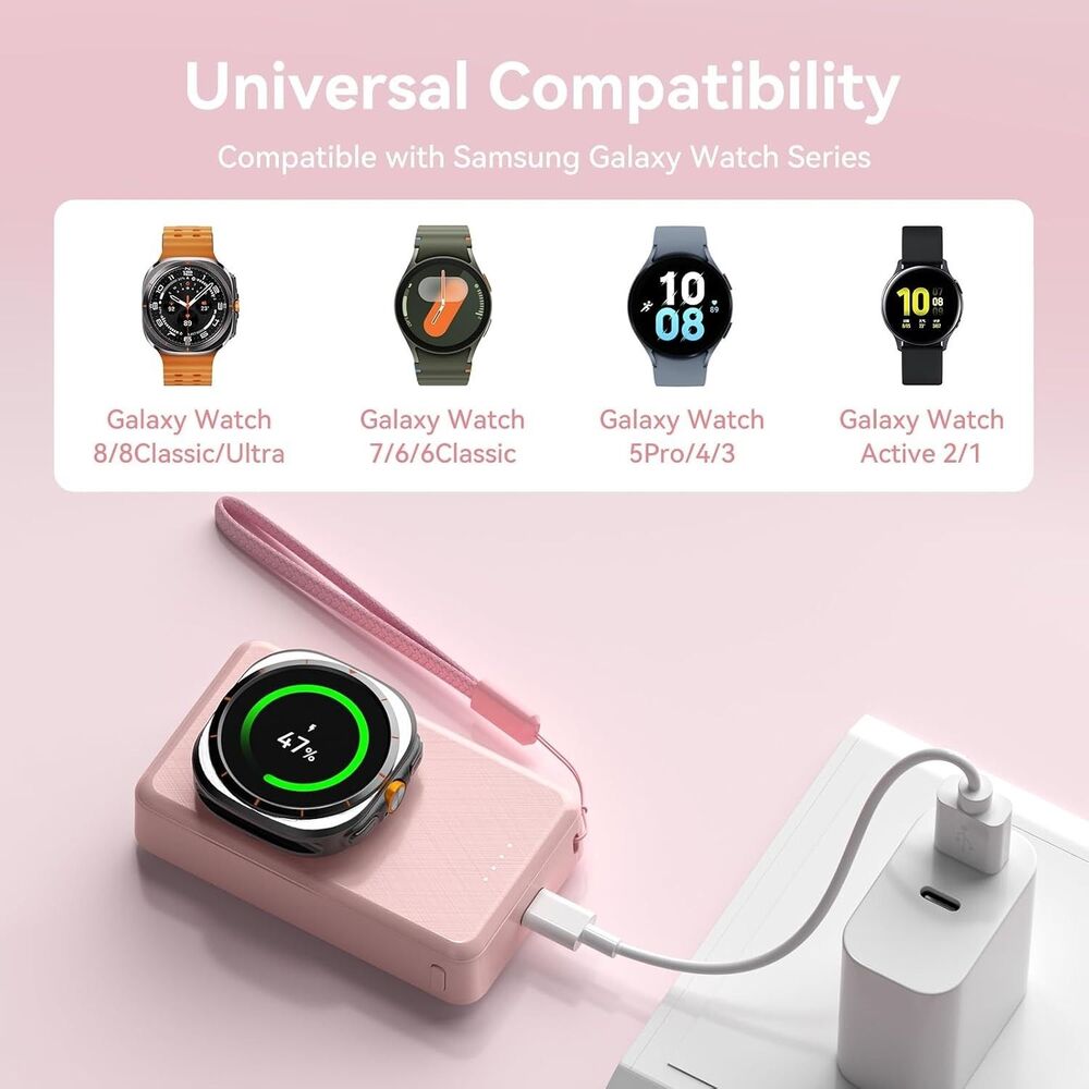 Pink Samsung Galaxy Watch Charger 4000mAh Power Bank Magnetic Wireless 2-in-1